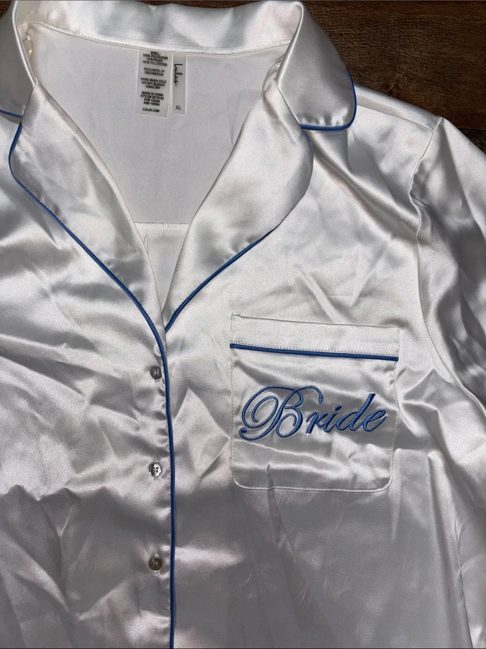 Lulus™️ | Bride Satin Short Sleeve Pajama Set in White with Blue Trim | Size XL